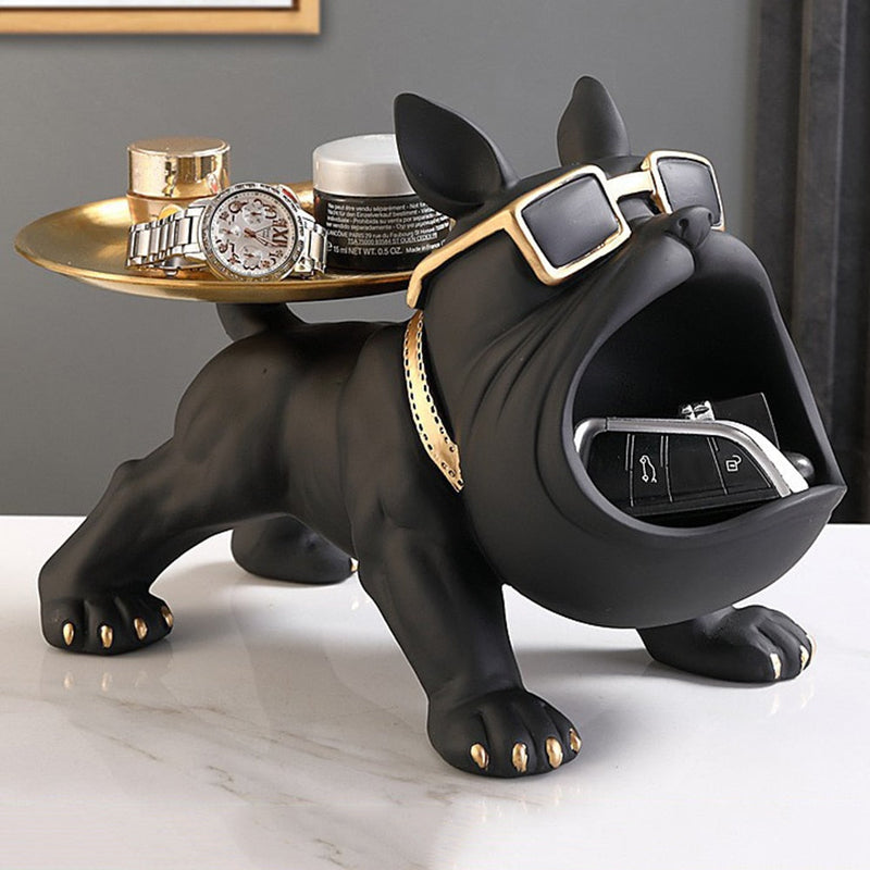 Escultura decorativa cachorro bulldog com bandeja e porta treco