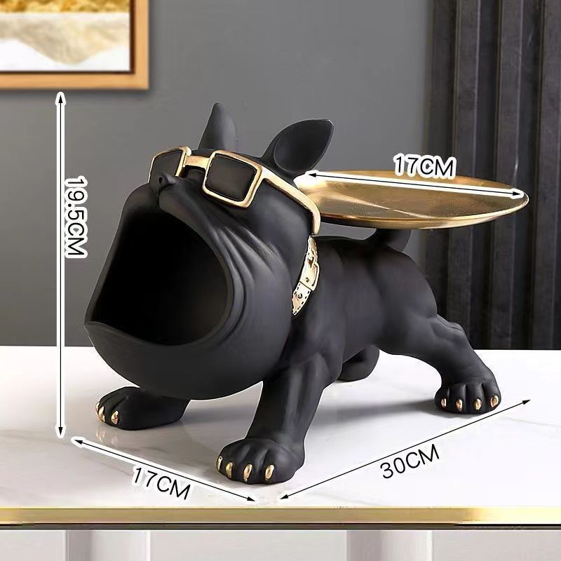 Escultura decorativa cachorro bulldog com bandeja e porta treco